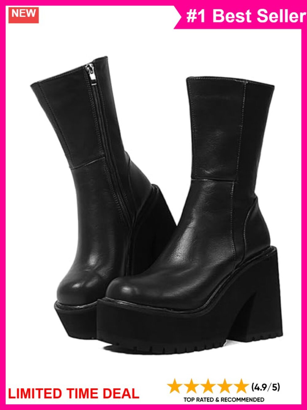 Platform Ankle Boots Chunky Block Heel Side Zip Faux Leather Women's